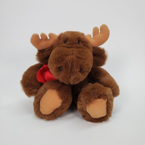 Dakin Moose 7" Plush Stuffed Animal Brown Red Bow Sitting 1993 - Picture 1 of 7